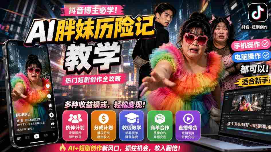 抖音博主的AI胖妹历险记教学，伙伴计划+分成计划+收徒+商单等多种收益，适合新手，手机电脑都可以操作-任任的小木屋 - 热点知汇
