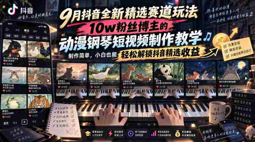 9月抖音全新精选赛道玩法，10w粉丝博主的动漫钢琴短视频制作教学，制作简单，小白也能轻松解锁抖音精选收益-任任的小木屋 - 热点知汇