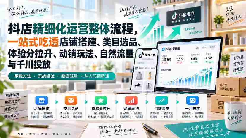 李哥电商-抖店精细化运营整体流程，一站式吃透店铺搭建、类目选品、体验分拉升、动销玩法、自然流量与千川投放-任任的小木屋 - 热点知汇