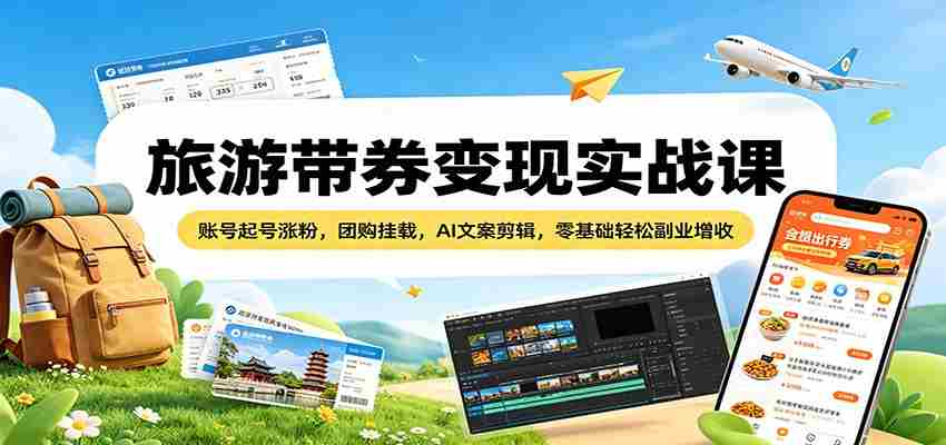 旅游带券变现实战课：账号起号涨粉，团购挂载，AI文案剪辑，零基础轻松副业增收-任任的小木屋 - 热点知汇