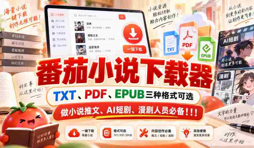 精选番茄小说下载神器，支持TXT、PDF、EPUB格式，小说推广、AI短剧、漫画剧制作必备利器！-任任的小木屋 - 热点知汇