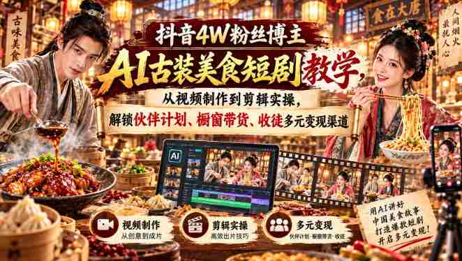 抖音4W粉丝达人揭秘：AI古装美食剧制作全攻略，实操剪辑技巧，解锁多渠道盈利秘籍-任任的小木屋 - 热点知汇