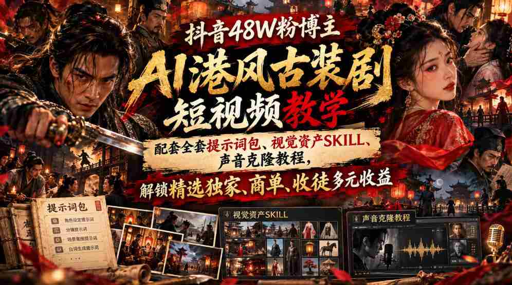 揭秘抖音48万粉丝博主AI港风古装剧短视频制作秘籍：附赠提示词包、视觉素材技巧、声音克隆指南，畅享精选收益、商业合作、收徒多重盈利-任任的小木屋 - 热点知汇