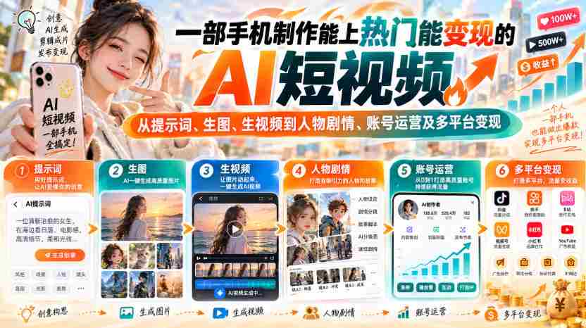 【无水印】一部手机制作能上热门能变现的AI短视频，从提示词、生图、生视频到人物剧情、账号运营及多平台变现-任任的小木屋 - 热点知汇