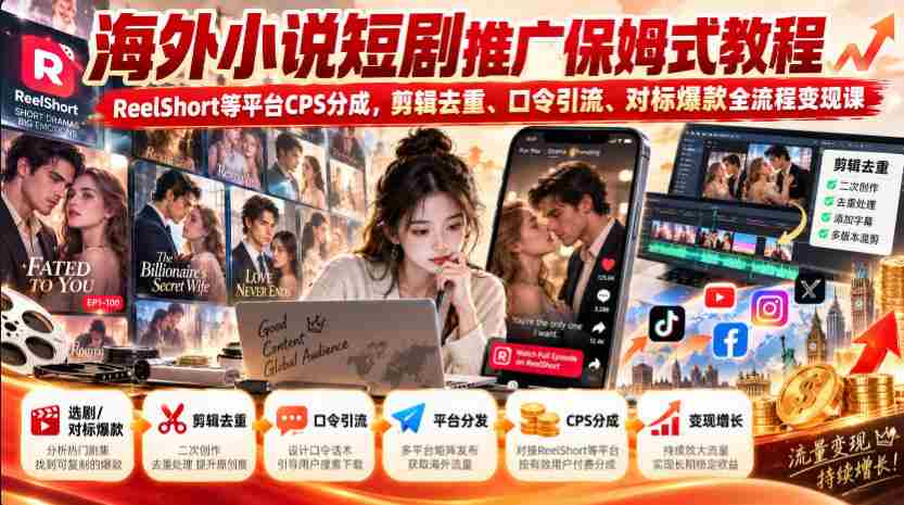 海外轻小说短视频营销指南：ReelShort等平台CPS收益解析，剪辑技巧、关键词引流、爆款对标，全方位变现课程攻略-任任的小木屋 - 热点知汇