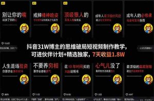 抖音31W博主的思维破局短视频制作教学，可进伙伴计划+精选独家，7天收益1.8W-任任的小木屋 - 热点知汇