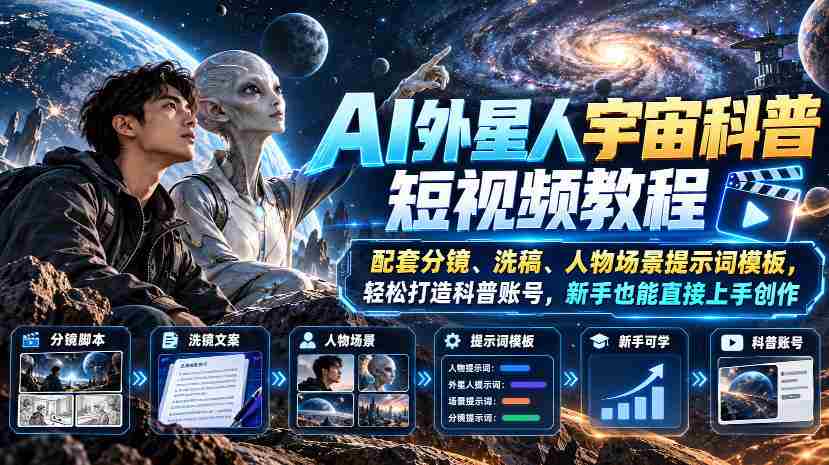 AI外星人宇宙科普短视频教程,配套分镜、洗稿、人物场景提示词模板,轻松打造科普账号,新手也能直接上手创作-任任的小木屋 - 热点知汇