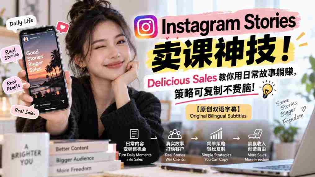 揭秘Instagram Stories课程销售秘诀！Delicious Sales传授轻松日入策略，复制即用，无需费心！【独家双语讲解-任任的小木屋 - 热点知汇