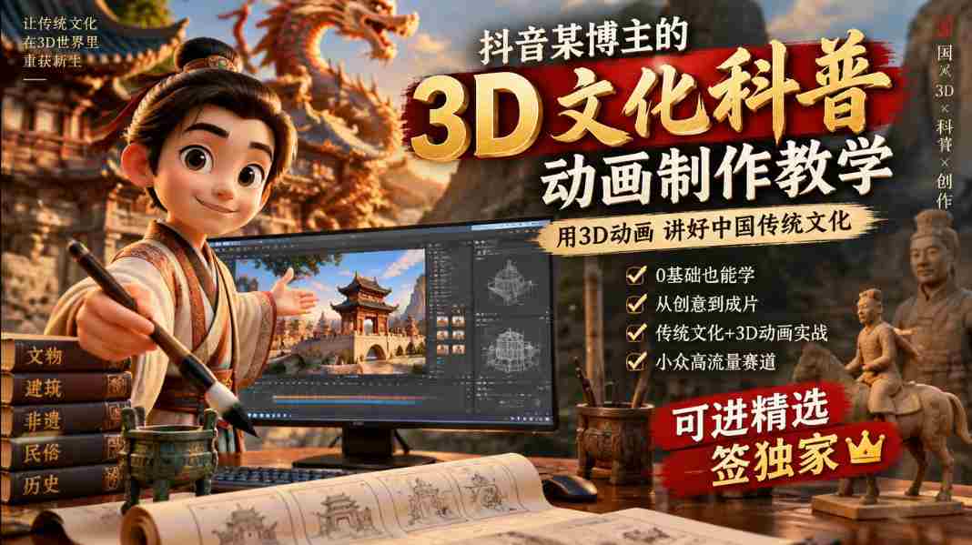 抖音某博主的3D文化科普动画制作教学，用3D动画呈现中国传统文化，可进精选签独家，单日收益1k+-任任的小木屋 - 热点知汇