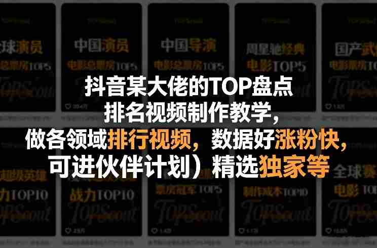 抖音某大佬的TOP盘点排名视频制作，做各领域排行视频，数据好涨粉快，可进伙伴计划＋精选独家等-任任的小木屋 - 热点知汇