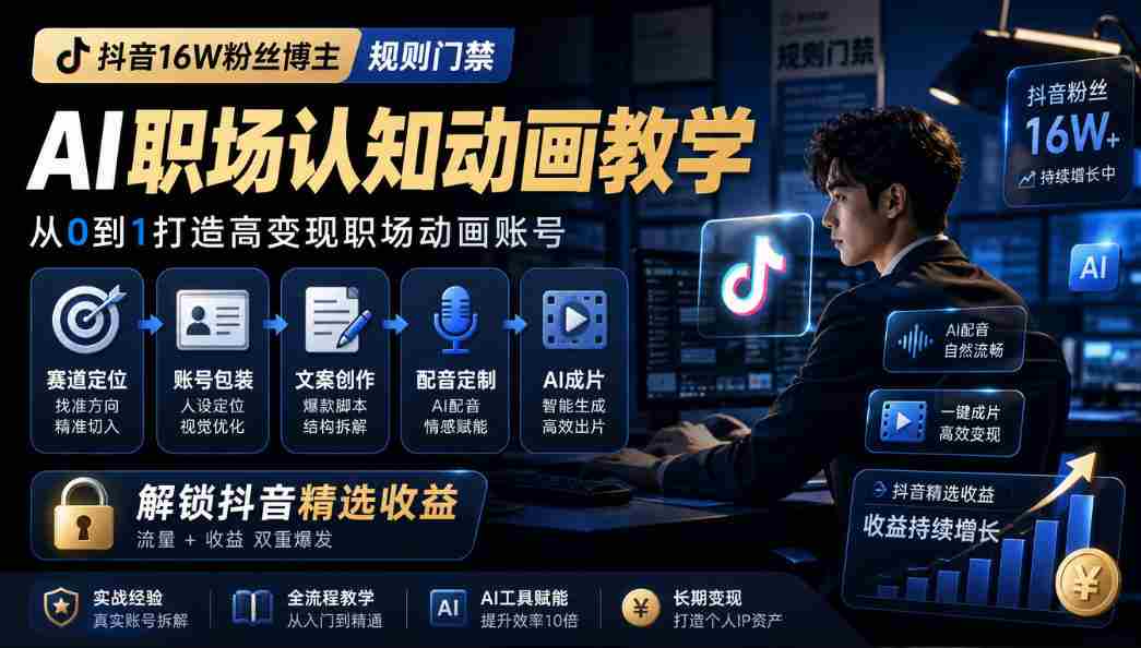 抖音16W粉丝博主规则门禁的AI职场认知动画教学,从赛道定位、账号包装,到文案创作、配音定制、AI成片,解锁抖音精选收益-任任的小木屋 - 热点知汇