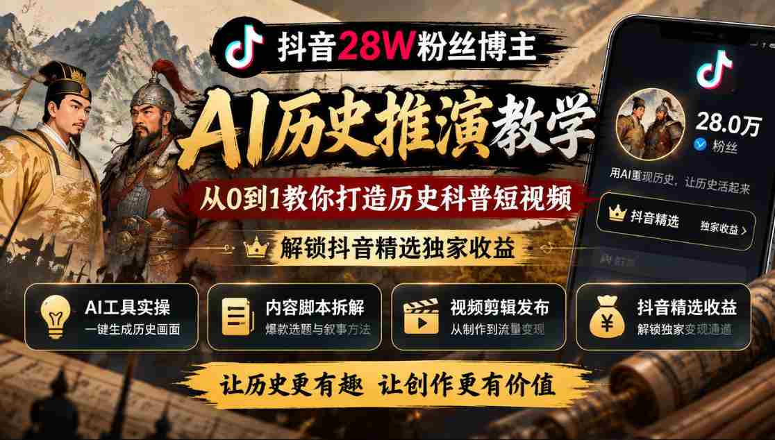 揭秘：抖音28万粉丝大V的AI历史分析课堂，零基础教你制作热门历史科普视频，开启抖音收益新篇章-任任的小木屋 - 热点知汇