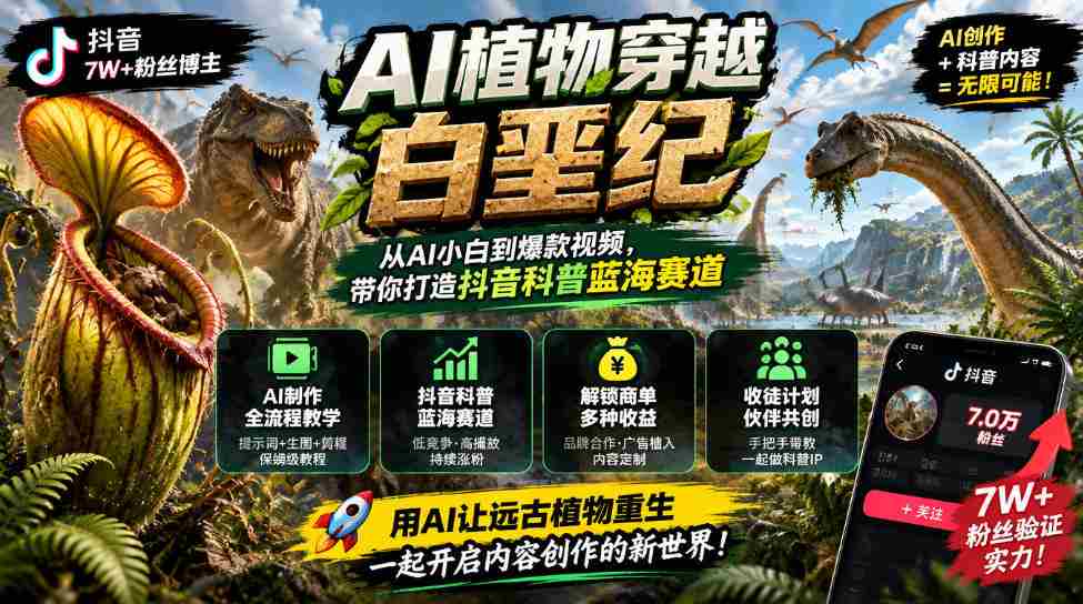 抖音达人引领AI植物穿越白垩纪之旅：科普新领域掘金，解锁多渠道盈利模式与学徒招募计划-任任的小木屋 - 热点知汇