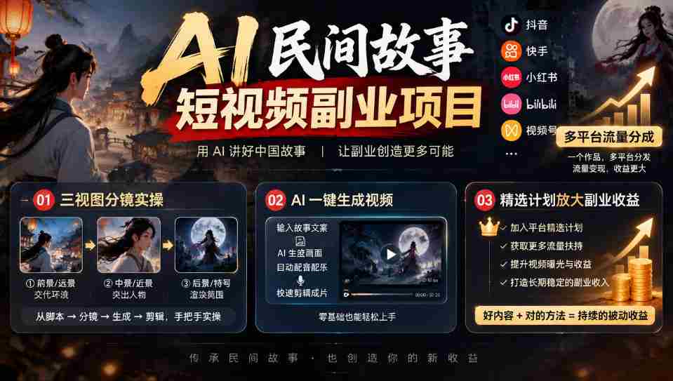 AI赋能短视频创作:民间故事新领域,多平台共享流量,三视图分镜教学,精选方案助力副业收益倍增-任任的小木屋 - 热点知汇