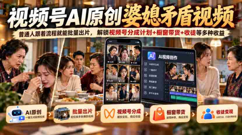 婆媳矛盾题材短视频AI制作，轻松上手批量制作，揭秘视频号多元盈利策略：分成分成+橱窗带货+徒弟招募-任任的小木屋 - 热点知汇