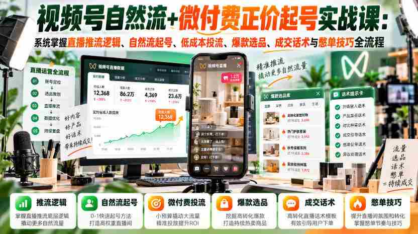 视频号自然流+微付费正价起号实战课：系统掌握直播推流逻辑、自然流起号、低成本投流、爆款选品、成交话术与憋单技巧全流程-任任的小木屋 - 热点知汇