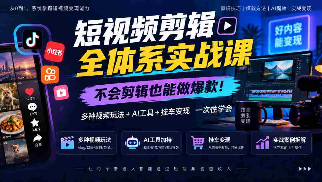 轻松掌握短视频剪辑秘籍，零基础打造热门内容，全方位学习视频制作、AI赋能及挂车盈利-任任的小木屋 - 热点知汇