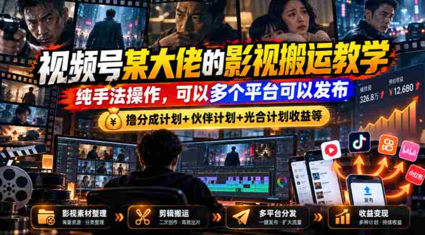 视频号某大佬的影视搬运教学，纯手法操作，可以多个平台可以发布，撸分成计划+伙伴计划+光合计划收益等-任任的小木屋 - 热点知汇
