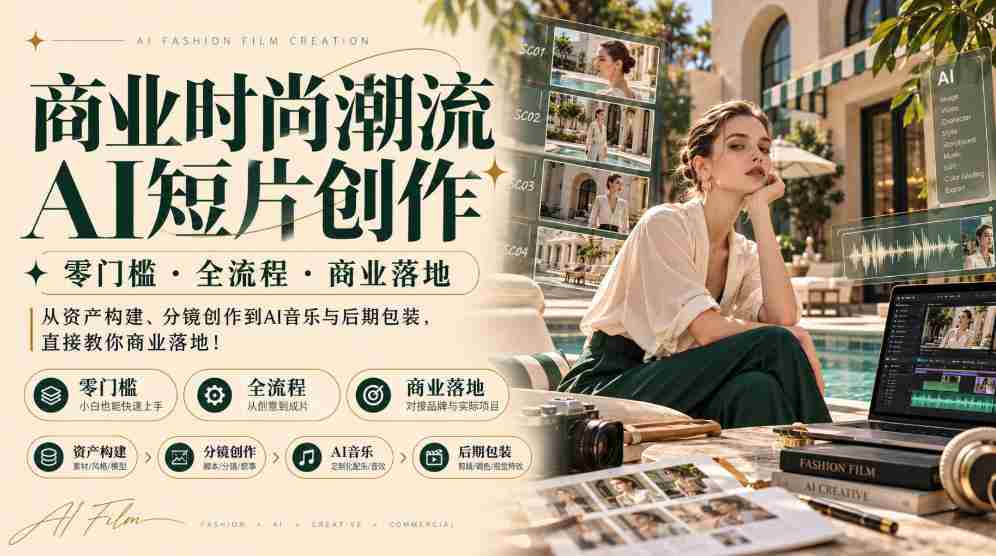 AI赋能时尚商业短片：零基础入手，全流程指导，助力商业成功，涵盖素材构建、镜头设计、AI音乐制作及后期制作，一站式教你实现商业价值！-任任的小木屋 - 热点知汇