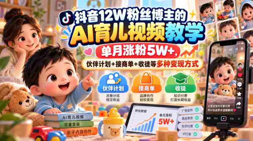 抖音12W粉丝博主的AI育儿视频教学，单月涨粉5W+，伙伴计划+接商单+收徒等多种变现方式-任任的小木屋 - 热点知汇