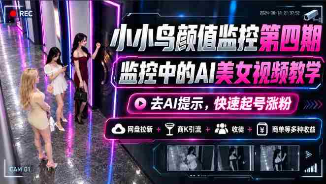 小小鸟颜值监控第四期,监控中的AI美女视频教学,去AI提示,快速起号涨粉,网盘拉新+商K引流+收徒+商单等多种收益-任任的小木屋 - 热点知汇