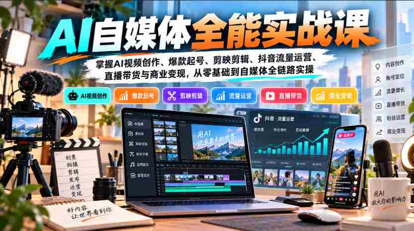 【无水印】AI自媒体全能实战课，掌握AI视频创作、爆款起号、剪映剪辑、抖音流量运营、直播带货与商业变现，从零基础到自媒体全链路实操-任任的小木屋 - 热点知汇