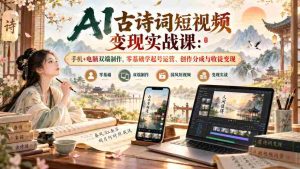 AI古诗词短视频变现实战课:手机+电脑双端制作,零基础学起号运营、创作分成与收徒变现-任任的小木屋 - 热点知汇